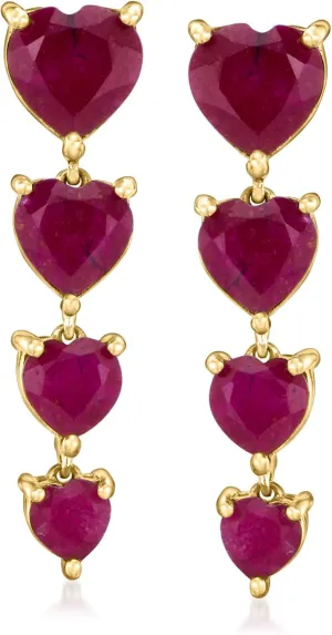 Ross-Simons 8.75 ct. t.w. Ruby Heart Linear Drop Earrings in 18kt Gold Over Sterling