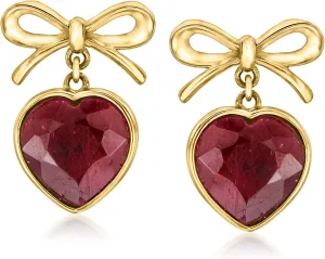Ross-Simons 9.00 ct. t.w. Bezel-Set Ruby Heart and Bow Drop Earrings in 18kt Gold Over Sterling