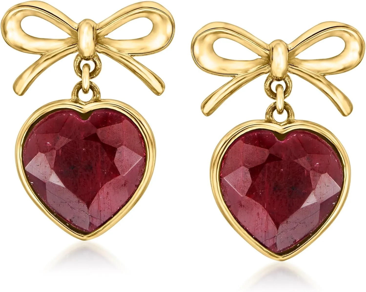 Ross-Simons 9.00 ct. t.w. Bezel-Set Ruby Heart and Bow Drop Earrings in 18kt Gold Over Sterling
