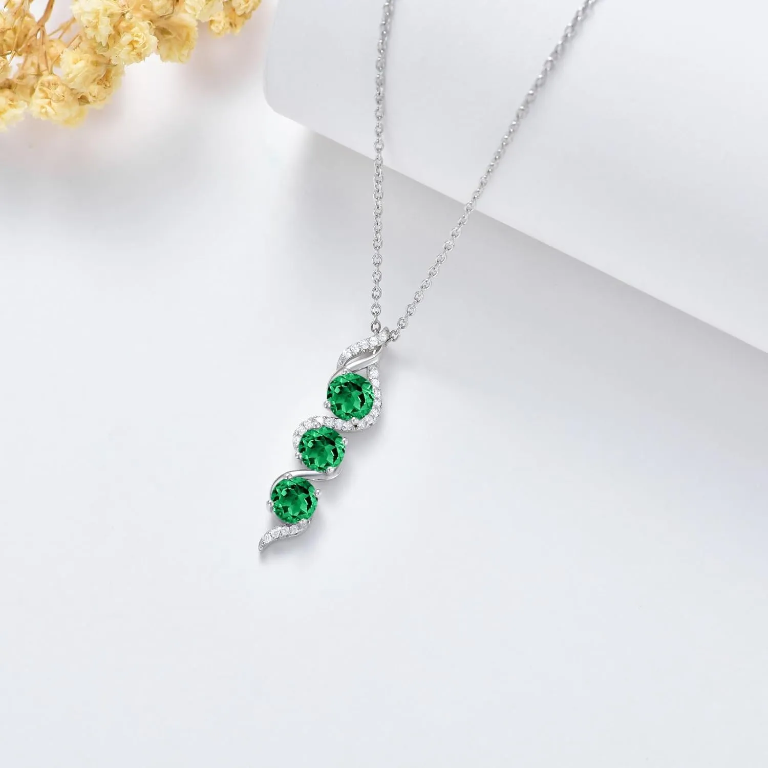 Round Cut 5 MM Birthstone Necklace 925 Sterling Silver Three Birthstone Pendant Necklace with 18 2 inch Chain for Valentines Anniversary Women Gifts