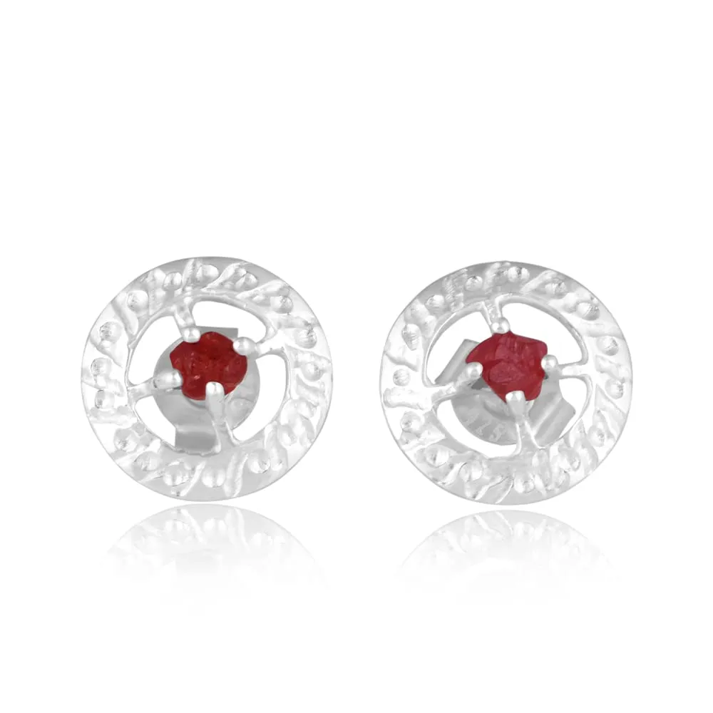 Round Shape Raw minimalist Ruby Gemstone July Birthstone Stud Earrings Solid 925 Sterling Silver Turkish Handmade Jewelry Christmas Gift For Women