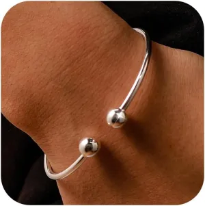 S925 Sterling Silver Round Bangle Bracelets for Women Men Solid Open Adjustable Simple Cuff Bracelet Fine Bracelets Fashion Two Bead Cuff Jewelry Gifts for Mom Wife Daughter Birthday Back to School