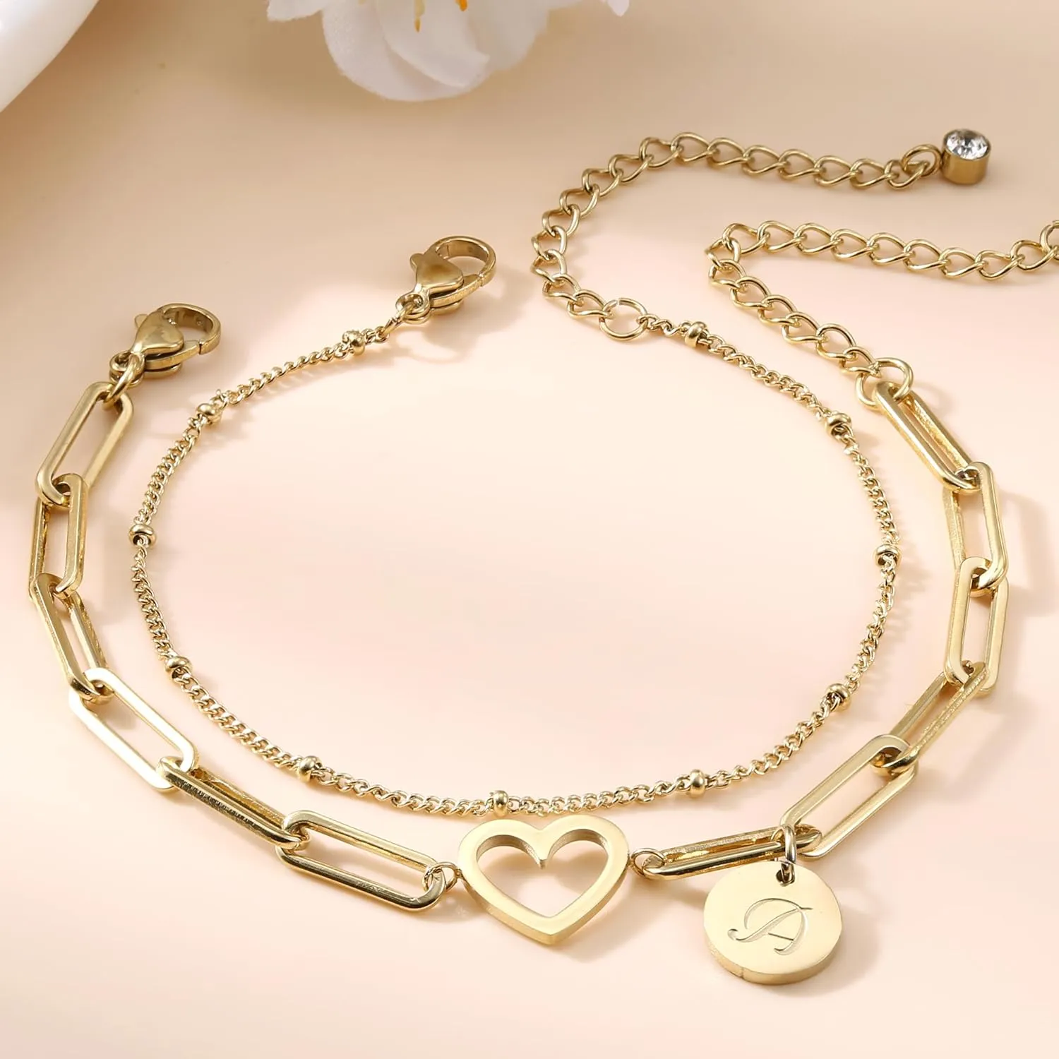 Sanfenly Initial Bracelets For Women, 14K Gold Plated Stainless Steel Personalized Engraved A-Z Letter Bracelet Layered Heart Monogram Name Coin Disc Charm Stackable Stack Stacked Stacking Bracelet Set