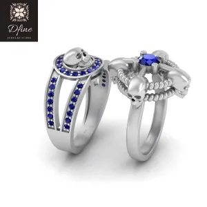 Sapphire Blue Gothic Wedding Band Ring Set Matching Skull Couple Rings Solid 925 Sterling Silver