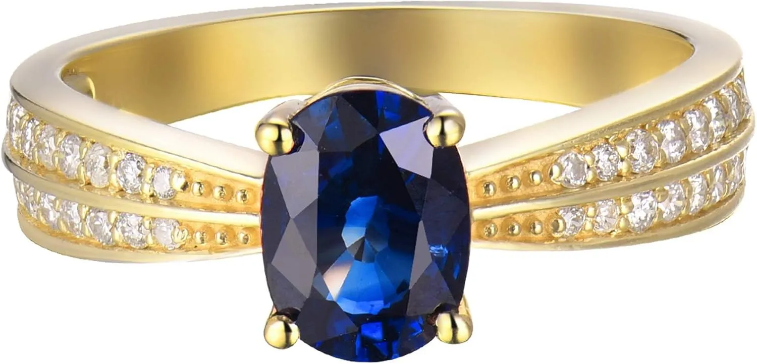 Sapphire Ring For Women,14K Yellow Gold Rings - Sapphire and Diamond Ring, Natural Genuine Blue Sapphire Ring & Real Diamond Gemstone Rings For Couple Engagement Ring