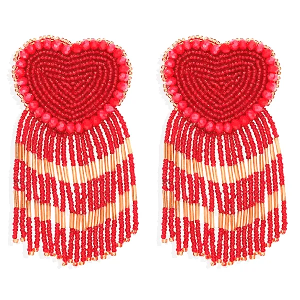 Sassy Bold Beaded Tassel Dangle Heart Earrings