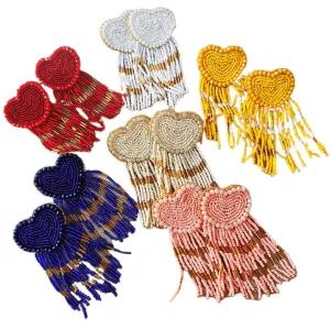 Sassy Bold Beaded Tassel Dangle Heart Earrings
