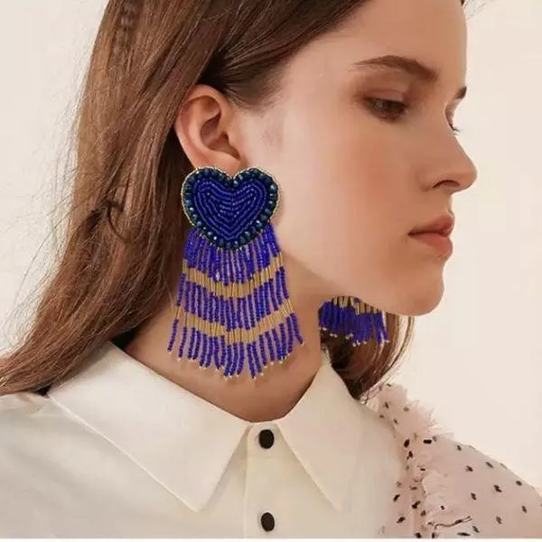 Sassy Bold Beaded Tassel Dangle Heart Earrings
