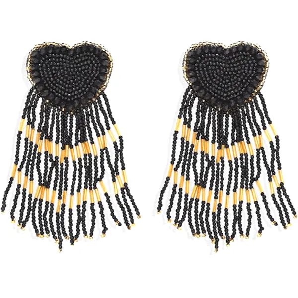 Sassy Bold Beaded Tassel Dangle Heart Earrings