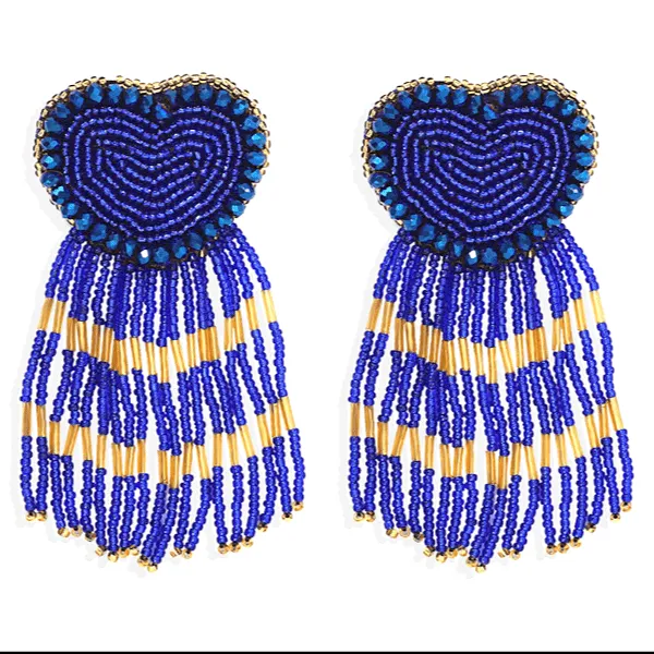 Sassy Bold Beaded Tassel Dangle Heart Earrings