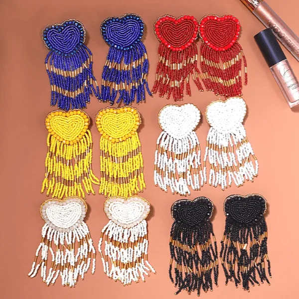 Sassy Bold Beaded Tassel Dangle Heart Earrings
