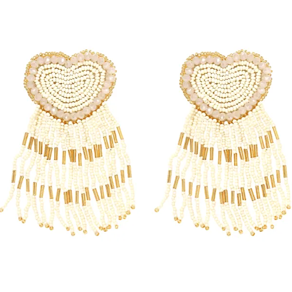 Sassy Bold Beaded Tassel Dangle Heart Earrings