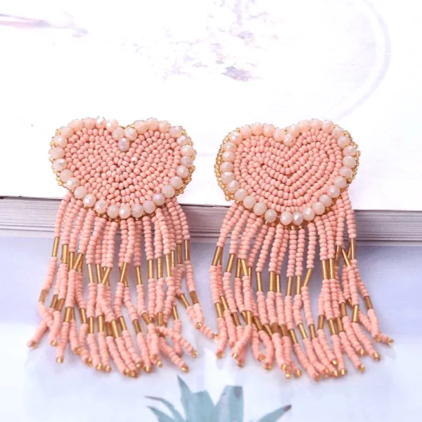 Sassy Bold Beaded Tassel Dangle Heart Earrings