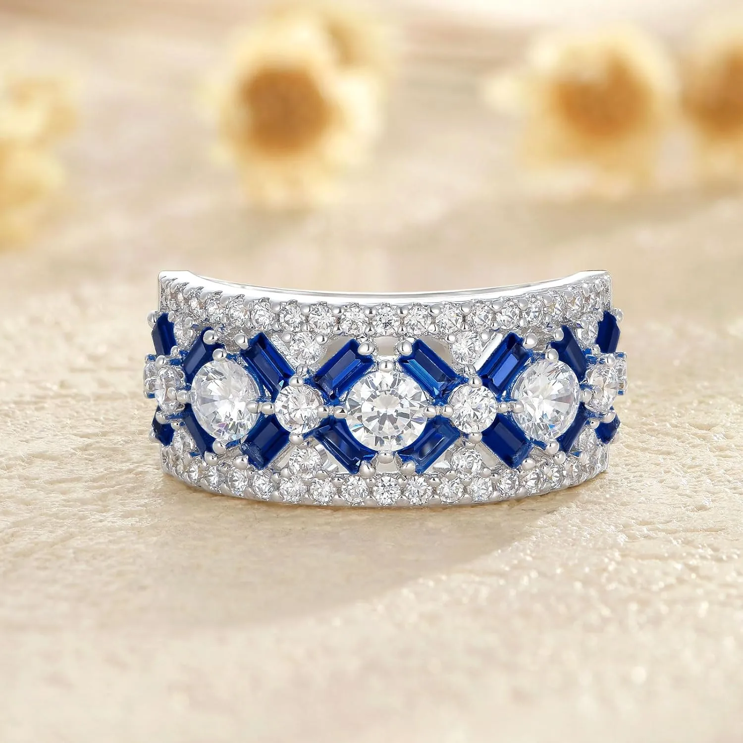 SHELOVES White CZ and Blue Created Sapphire Wide Wedding Bands for Women Elegant White Gold Baguette Rings 5-10