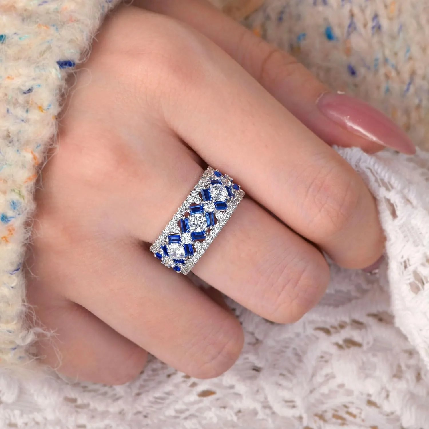 SHELOVES White CZ and Blue Created Sapphire Wide Wedding Bands for Women Elegant White Gold Baguette Rings 5-10