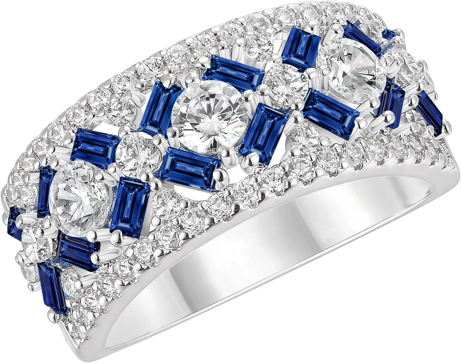 SHELOVES White CZ and Blue Created Sapphire Wide Wedding Bands for Women Elegant White Gold Baguette Rings 5-10