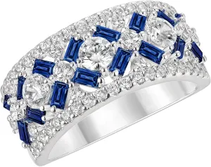 SHELOVES White CZ and Blue Created Sapphire Wide Wedding Bands for Women Elegant White Gold Baguette Rings 5-10