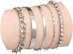 Silver Bracelets Sets for Women, 5pcs White Gold K Fashion Simple Rhinestone Fine Chain 2.3 in Adjustable Link Chains Metal Bangle Stackable Bracelets Set for Ladys Jewelry Gift