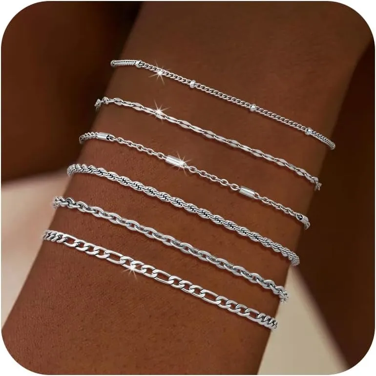 Silver Chain Bracelet for Men Women,6 Pcs Stainless Steel Bracelet for Men Metal Bracelets Set 6.0''6.8''7.5" 8.0" 8.5" Men Silver Jewelry Gifts for Women Men