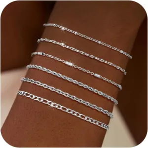 Silver Chain Bracelet for Men Women,6 Pcs Stainless Steel Bracelet for Men Metal Bracelets Set 6.0''6.8''7.5" 8.0" 8.5" Men Silver Jewelry Gifts for Women Men