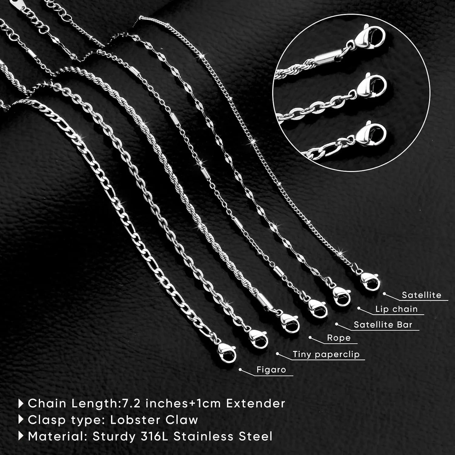 Silver Chain Bracelet for Men Women,6 Pcs Stainless Steel Bracelet for Men Metal Bracelets Set 6.0''6.8''7.5" 8.0" 8.5" Men Silver Jewelry Gifts for Women Men