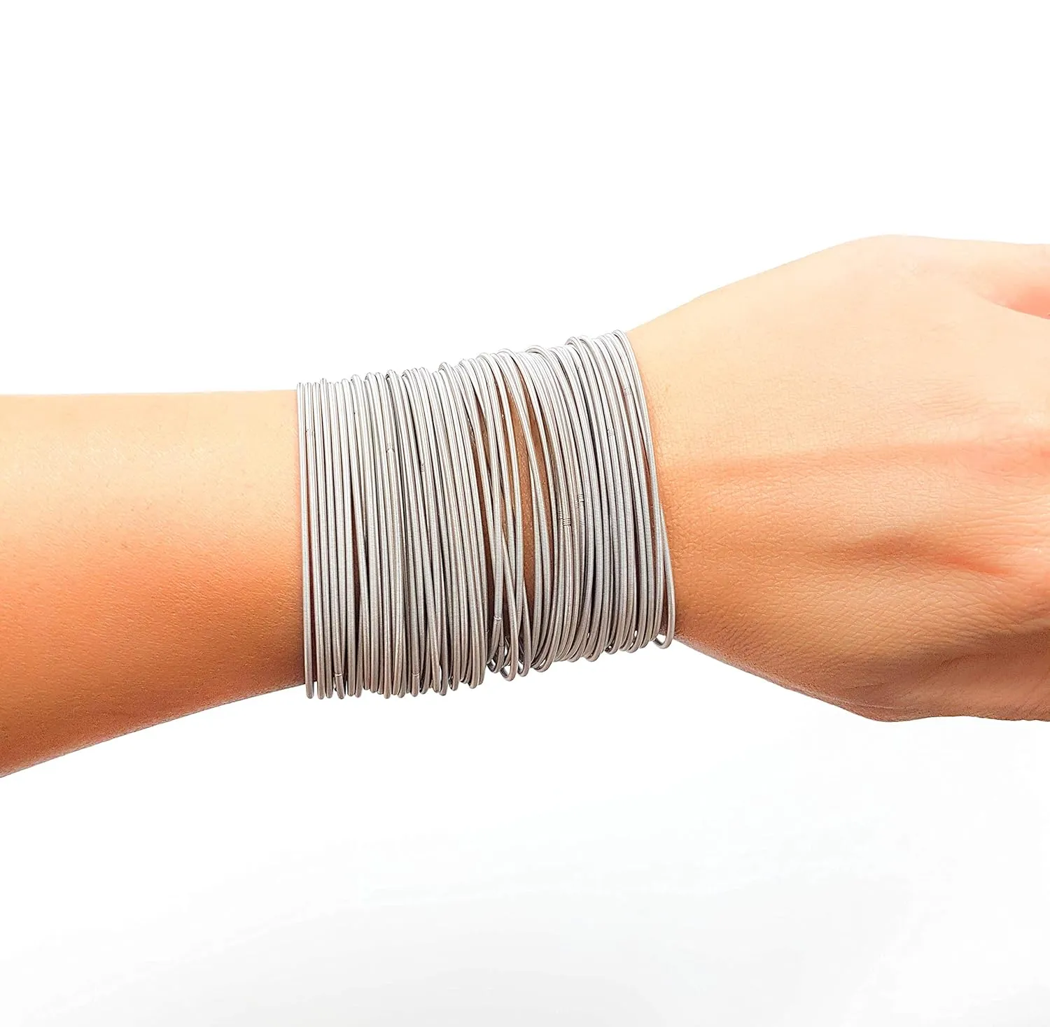 Silver Guitar String Spring Bracelets Stainless Steel Stackable Layered Set of 10 20 30 40 50 60 (Set of 20 strings)