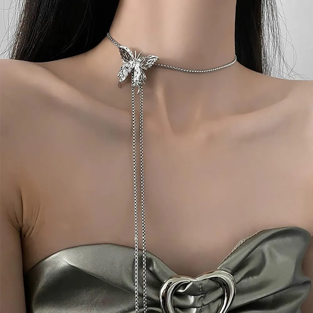Silver Pearl Butterfly Choker Necklaces, Adjustable Layered Cross Star Tassel Necklaces, Dainty Statement Jewelry Gifts for Women Teen Girls