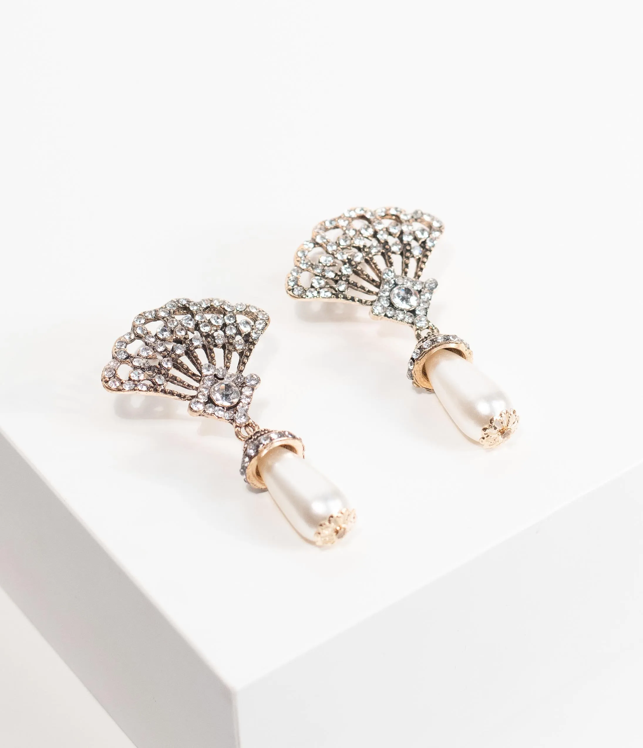 Silver Rhinestone Fan & Ivory Pearl Drop Earrings
