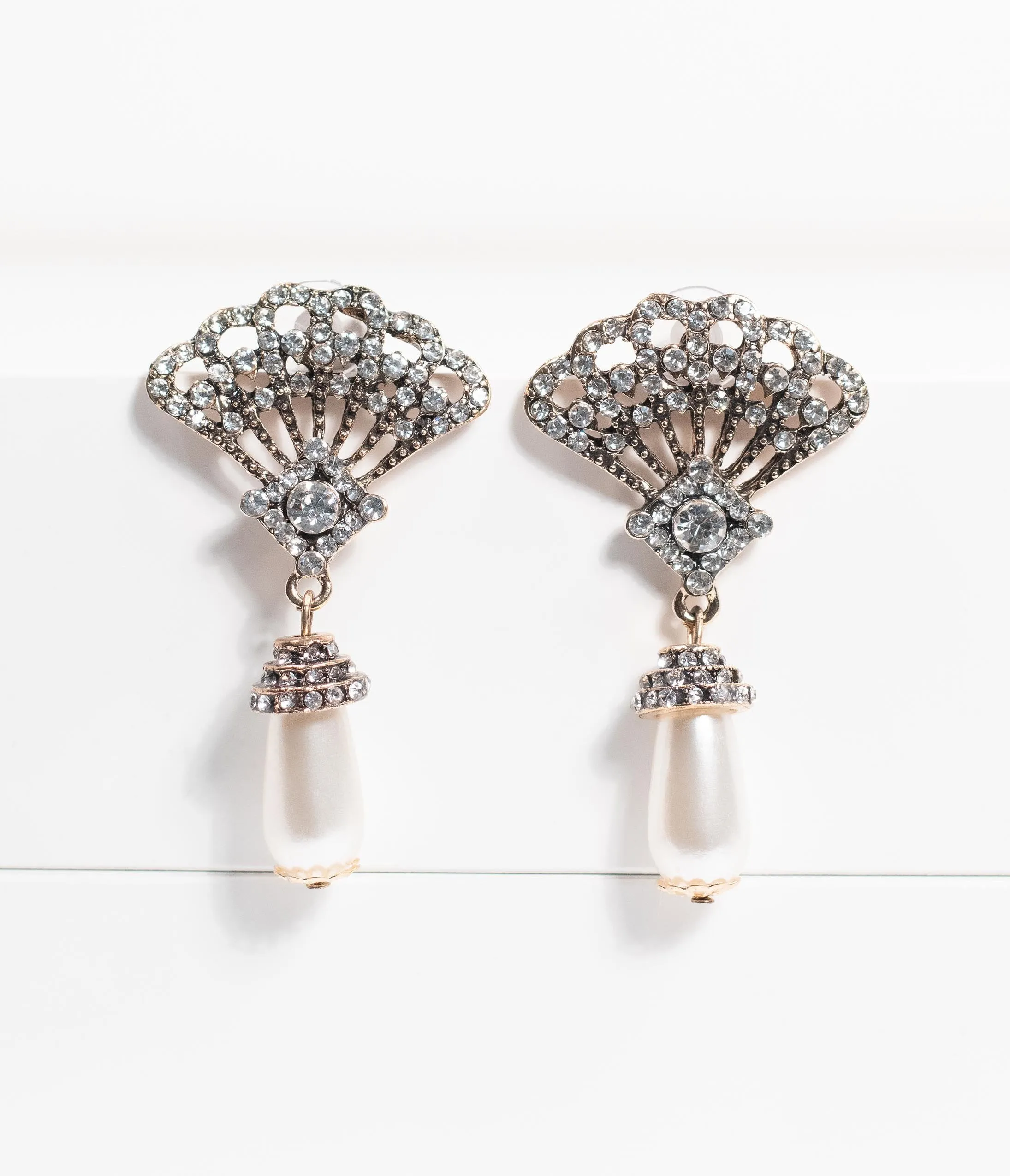 Silver Rhinestone Fan & Ivory Pearl Drop Earrings