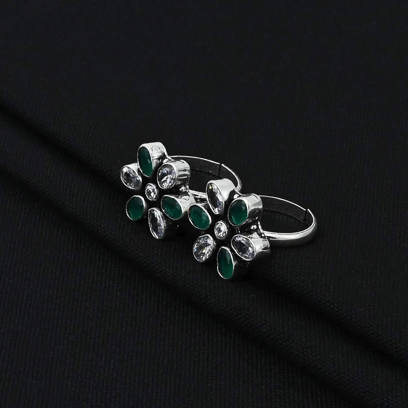 Silver White Green Gems Toe Rings