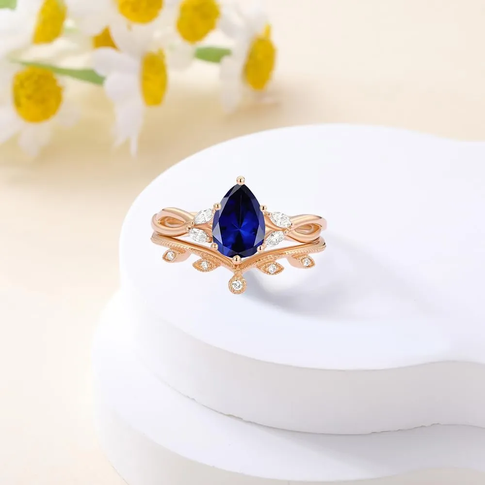 Solid Gold Pear Shaped Gemstone Wedding Ring Set for Women, 10K 14K 18K Bridal Ring Sets with Diamond 2pcs Infinity Rings Art Deco Chevron Band Engagement Promise Rings Christmas Gifts for Her