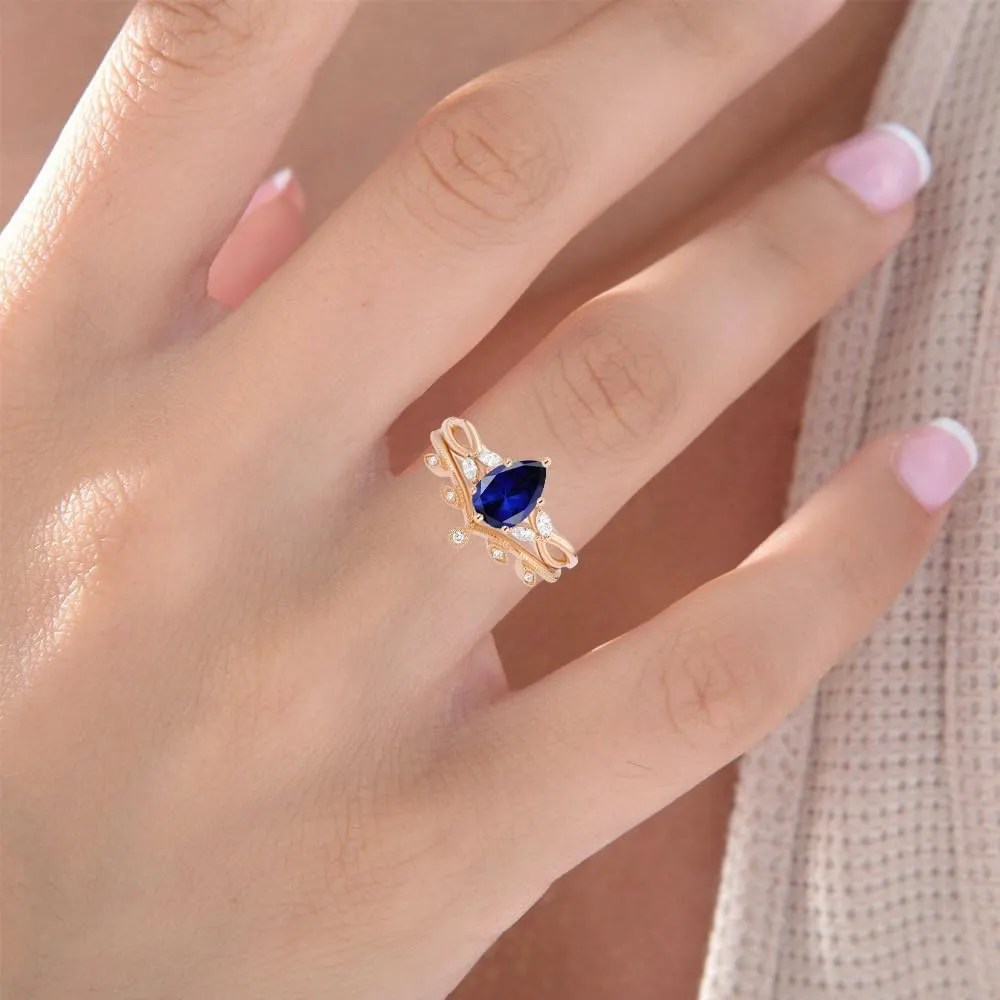 Solid Gold Pear Shaped Gemstone Wedding Ring Set for Women, 10K 14K 18K Bridal Ring Sets with Diamond 2pcs Infinity Rings Art Deco Chevron Band Engagement Promise Rings Christmas Gifts for Her