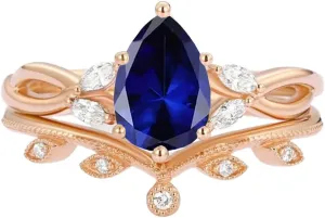 Solid Gold Pear Shaped Gemstone Wedding Ring Set for Women, 10K 14K 18K Bridal Ring Sets with Diamond 2pcs Infinity Rings Art Deco Chevron Band Engagement Promise Rings Christmas Gifts for Her