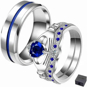 Spring_jewelry001- Blue Sapphire Wedding Ring Set in 925 Sterling Silver for Him and Her, Including Matching Engagement Bands for Couples