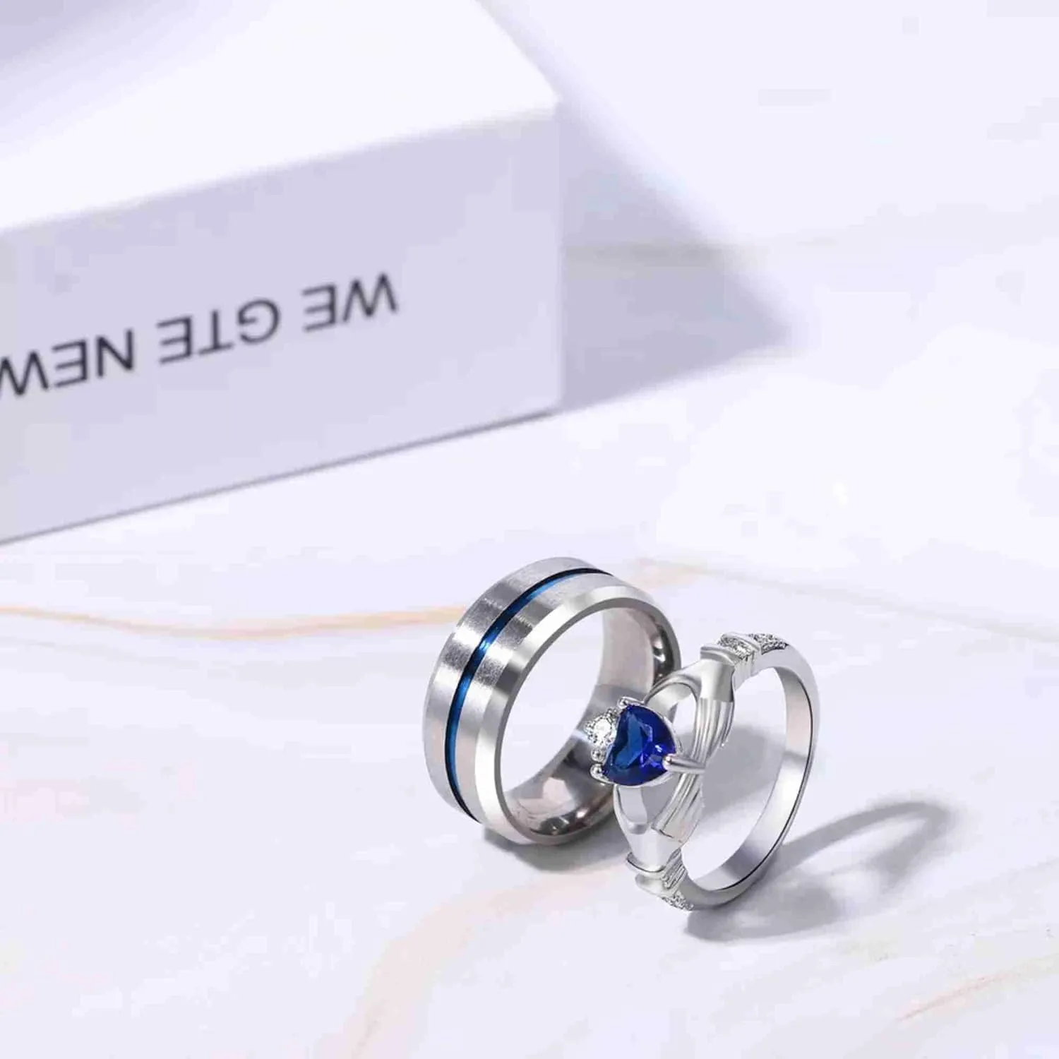 Spring_jewelry001- Blue Sapphire Wedding Ring Set in 925 Sterling Silver for Him and Her, Including Matching Engagement Bands for Couples