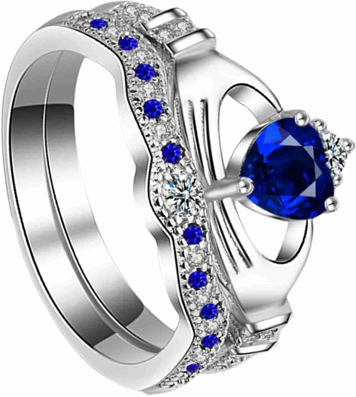 Spring_jewelry001- Blue Sapphire Wedding Ring Set in 925 Sterling Silver for Him and Her, Including Matching Engagement Bands for Couples