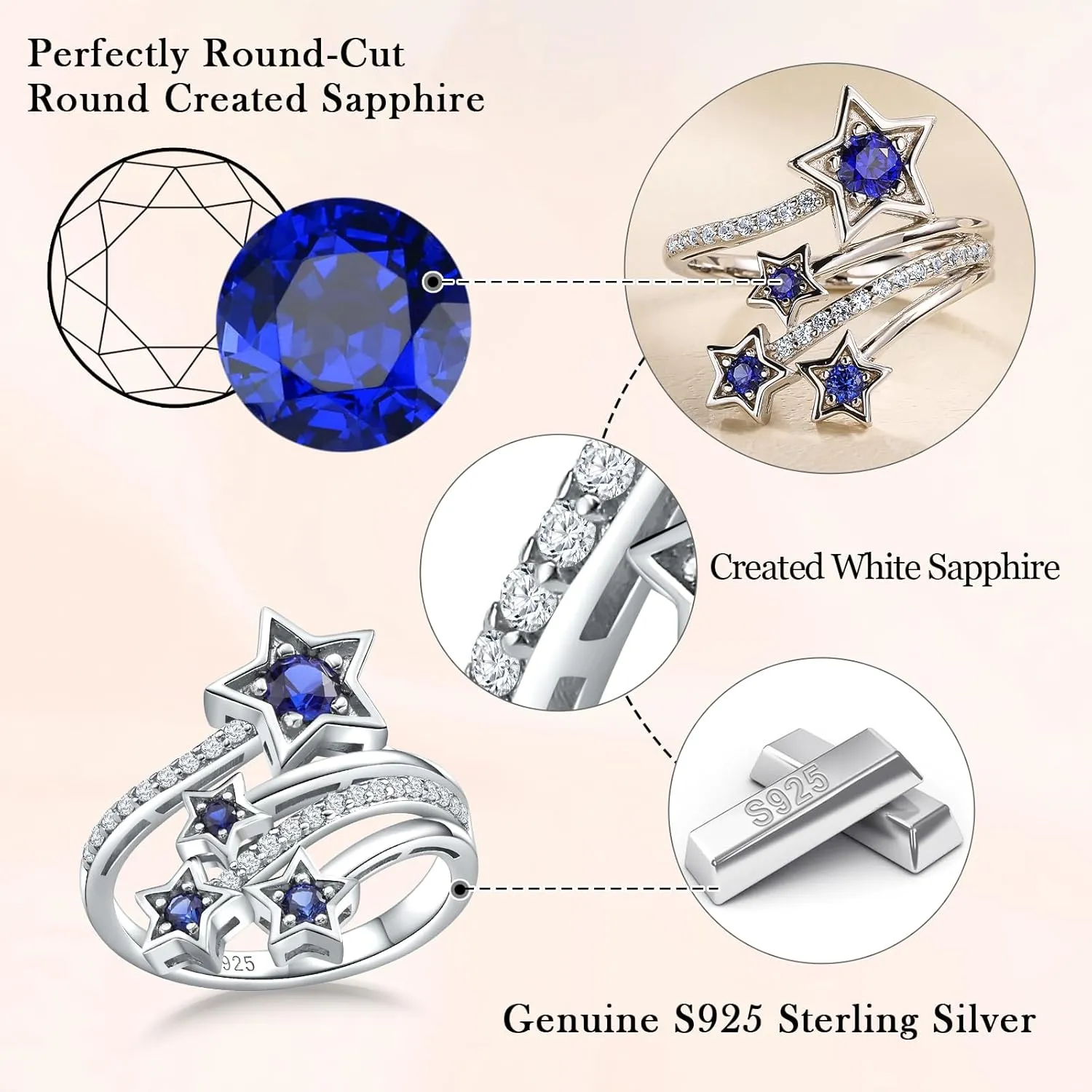 Star Sapphire Rings for Women Girls 925 Sterling Silver Created Amethyst White Sapphire Clover Heart Statement Ring Size 6 to 10