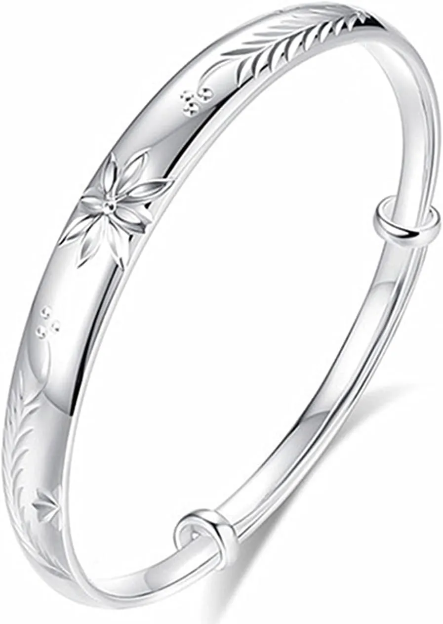 Sterling Silver Bangle Bracelets for Women,Fashion Jewelry Simple Adjustable 925 Silver Cuff Bangles for Women Mom Wife Valentine Mothers Day Gift
