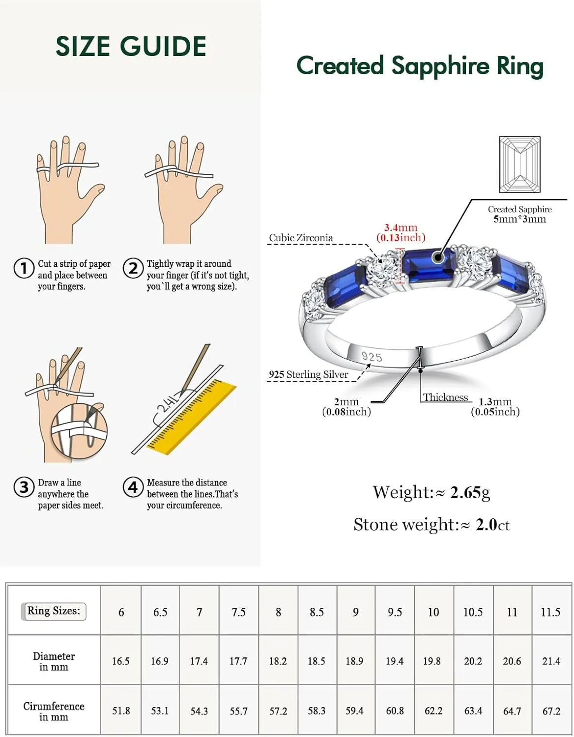 Sterling Silver Birthstone Rings for Women Sapphire/Ruby/Emerald/Aquamarine Wedding Band 3mm Stackable Half Eternity 7 Stone Anniversary Ring Wife Mom Birthday Jewelry Size 6-10