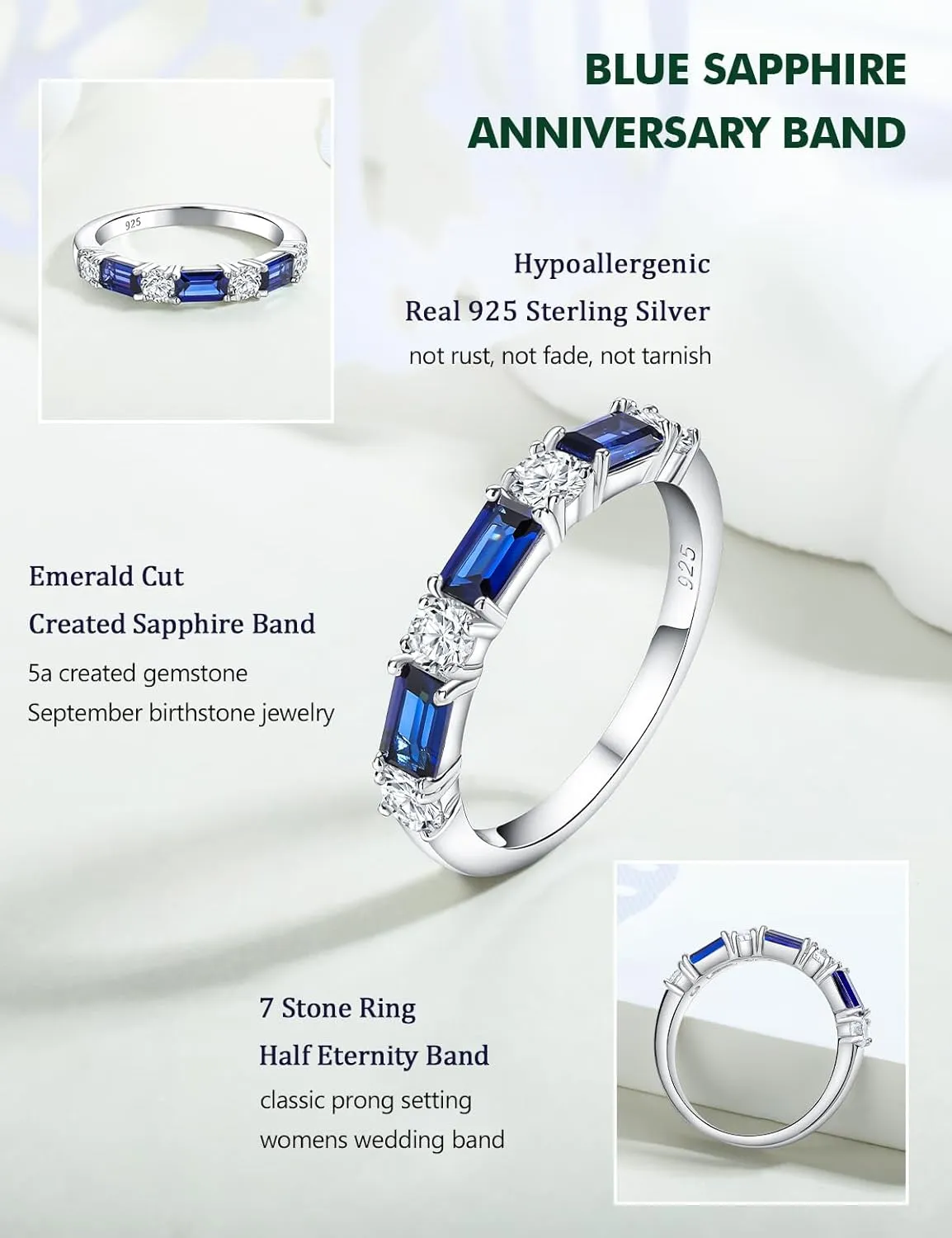 Sterling Silver Birthstone Rings for Women Sapphire/Ruby/Emerald/Aquamarine Wedding Band 3mm Stackable Half Eternity 7 Stone Anniversary Ring Wife Mom Birthday Jewelry Size 6-10