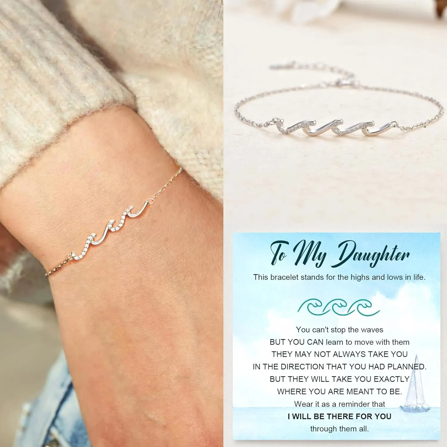 Sterling Silver Bracelets for Women Wave/Cross/Knot Dainty Bracelets Adjustable Simple Link Chain Bracelets Gifts For Mother Daughter Sister Bestie