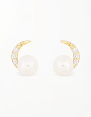 Sterling Silver Crescent Moon Studs with Freshwater Pearl