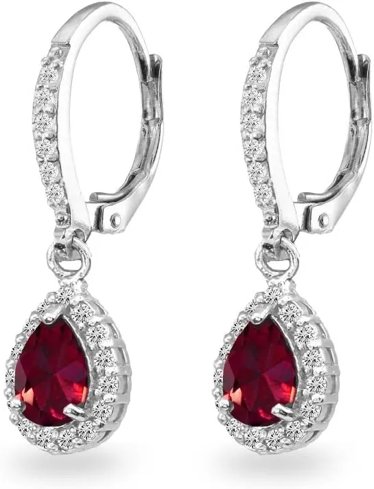 Sterling Silver Genuine or Synthetic Gemstone Halo Teardrop Dangle Leverback Earrings for Women Bridesmaids