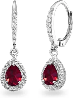 Sterling Silver Genuine or Synthetic Gemstone Halo Teardrop Dangle Leverback Earrings for Women Bridesmaids