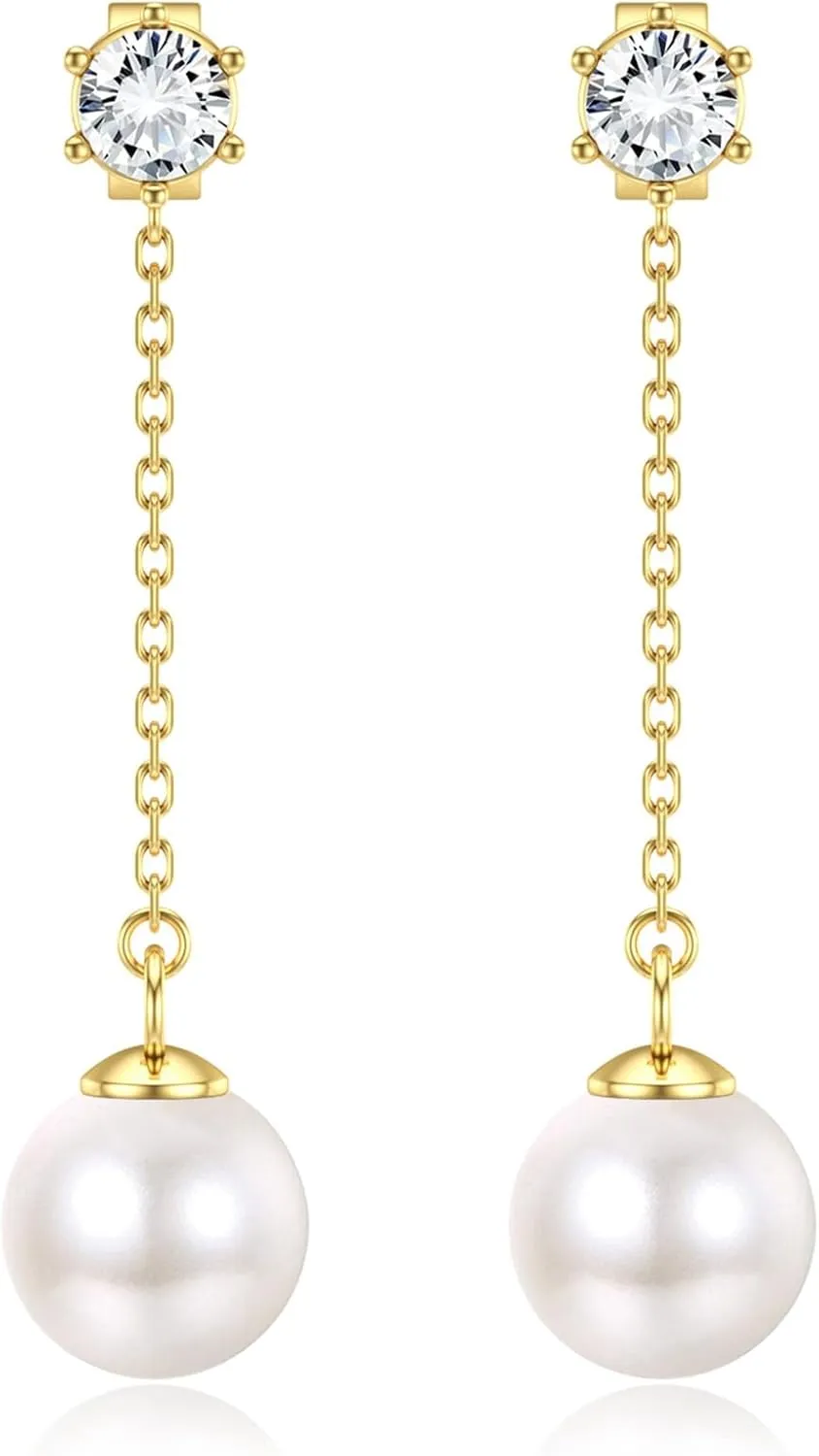 Sterling Silver Pearl Dangle Earrings for Women 14K Gold Plated Long Pearl Drop Earrings Tassel Chain Wedding Earrings for Brides Bridesmaids Prom Birthday Pearl Jewelry Gifts