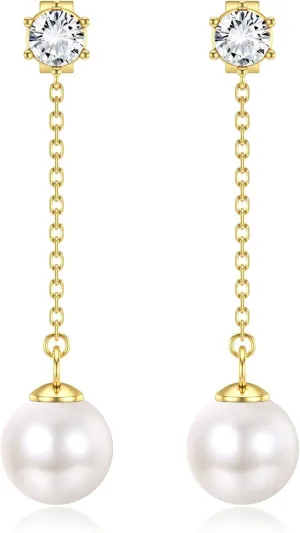 Sterling Silver Pearl Dangle Earrings for Women 14K Gold Plated Long Pearl Drop Earrings Tassel Chain Wedding Earrings for Brides Bridesmaids Prom Birthday Pearl Jewelry Gifts