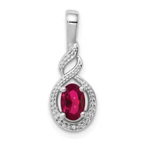 **Sterling Silver Rhodium-Plated Created Ruby & Diamond Birthstone Pendant July Elegance**