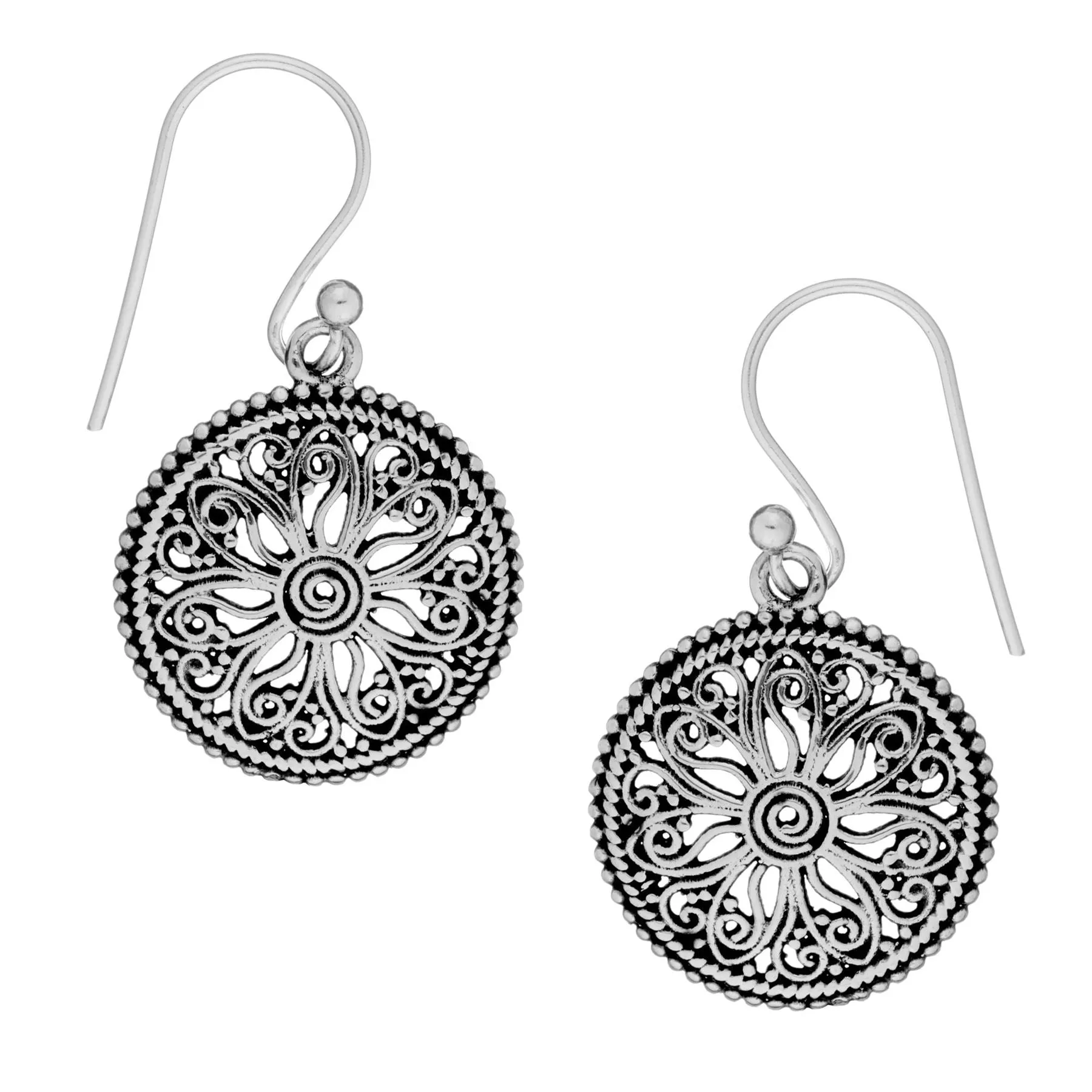 Sterling Silver Round Floral Filigree Dangle Earrings - Spiral Pattern
