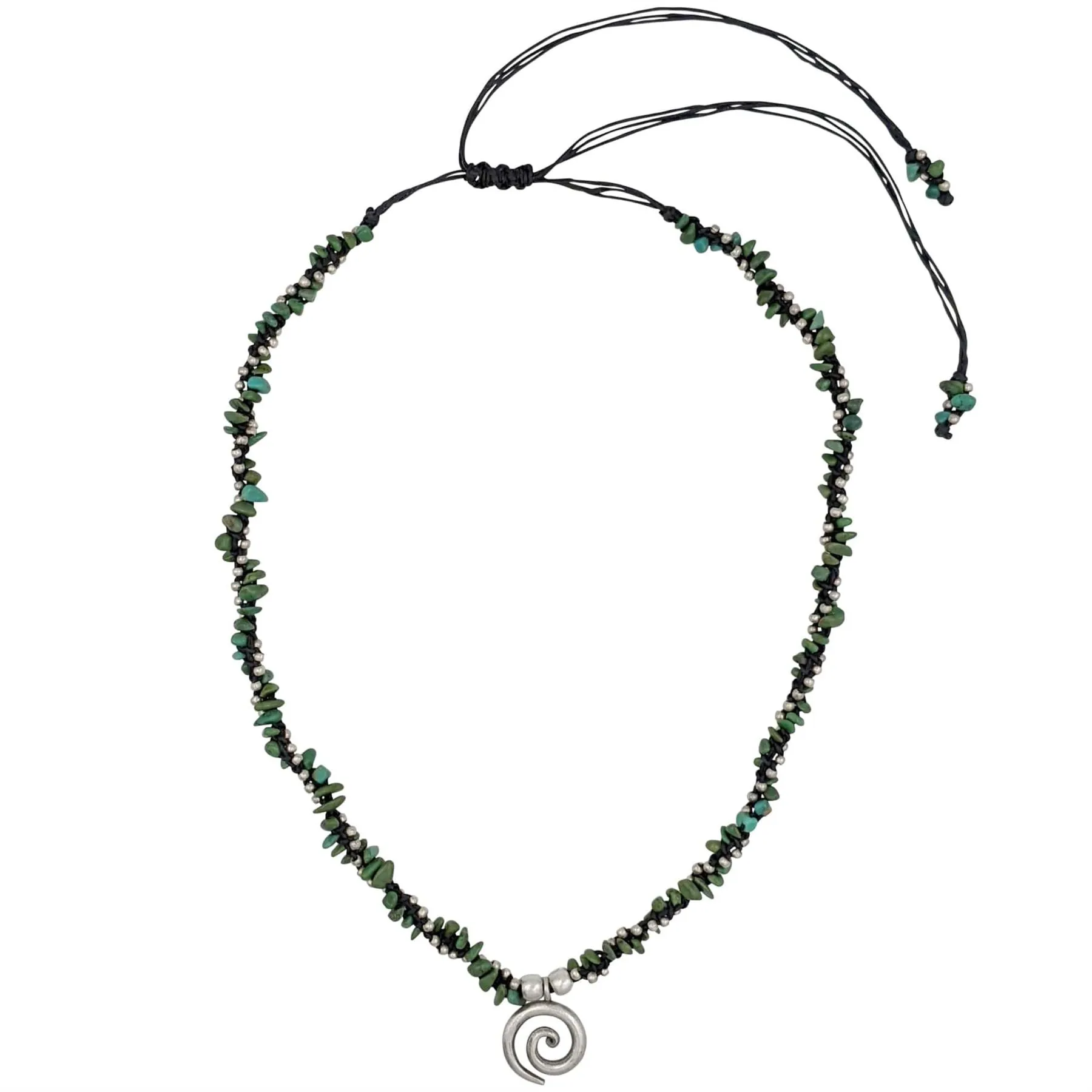 Sterling Silver Spiral Pendant Turquoise Bead Black Cord Necklace