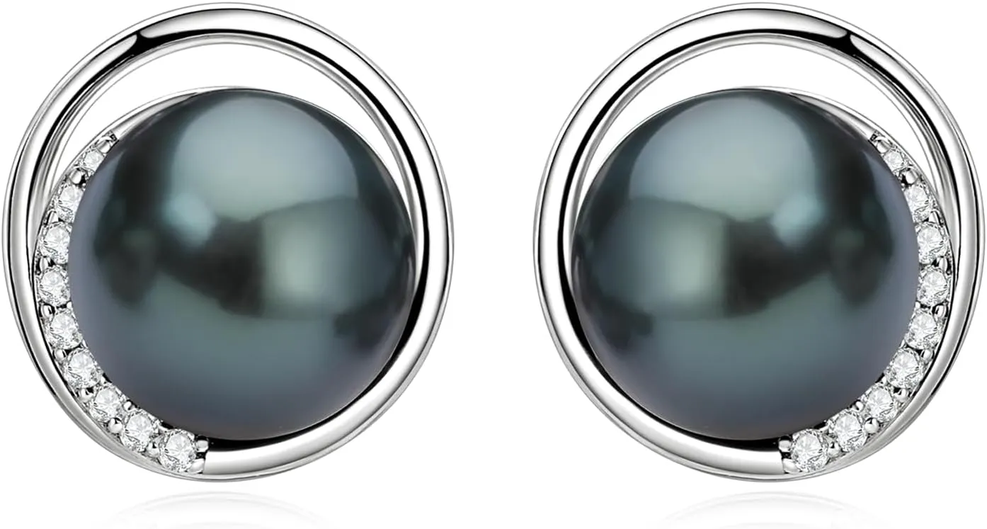 Sterling Silver Tahitian Black Pearl Stud Earrings, Genuine Black Pearls with Moissanite Anniversary Mother's Day Jewelry Gifts for Women